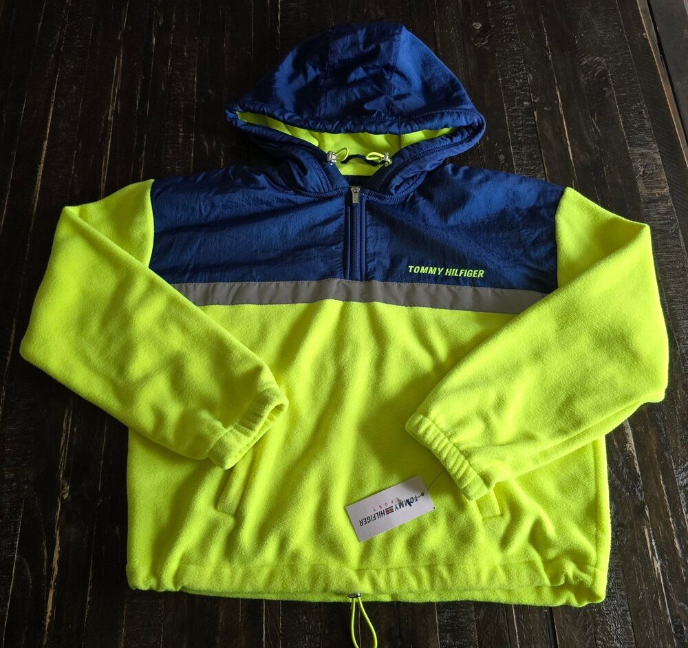Tommy Hilfiger Sport Neon Yellow w/ Blue Fleece Zip Hoodie Women's Size M